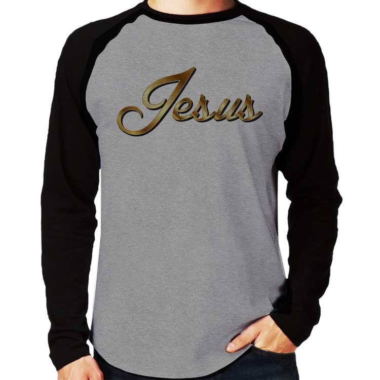 Camiseta Raglan Jesus  Manga Longa - Cinza/Preto