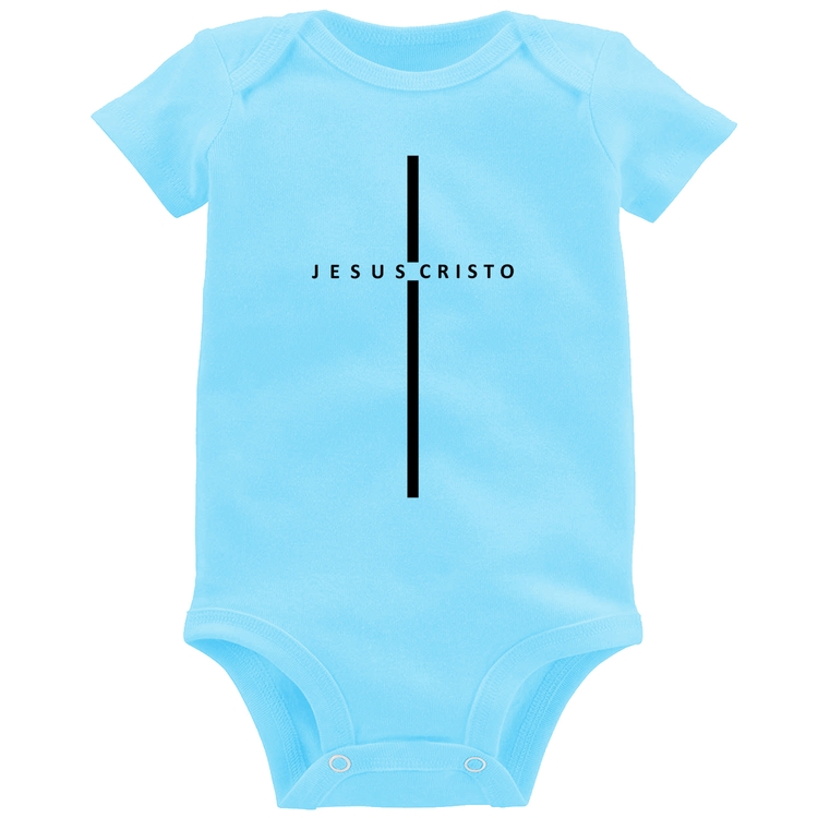 Body Bebê Jesus Cristo em Cruz - Azul Bebê