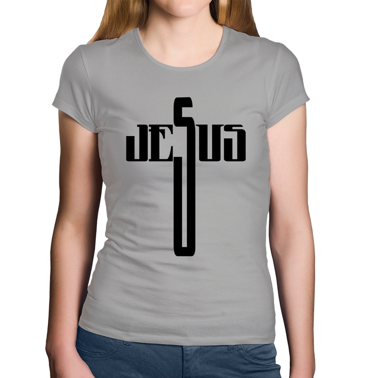 Baby Look Algodão Jesus Cruz - Cinza