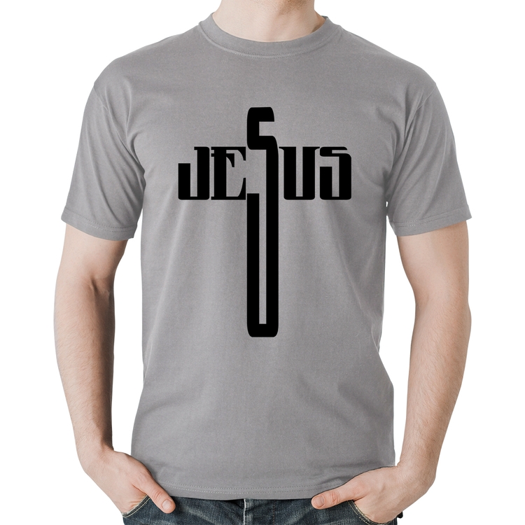 Camiseta Algodão Jesus Cruz - Cinza