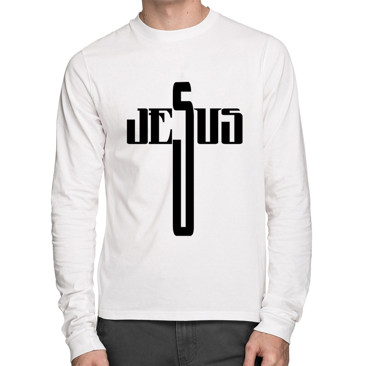 Camiseta Algodão Jesus Cruz Manga Longa - Branca