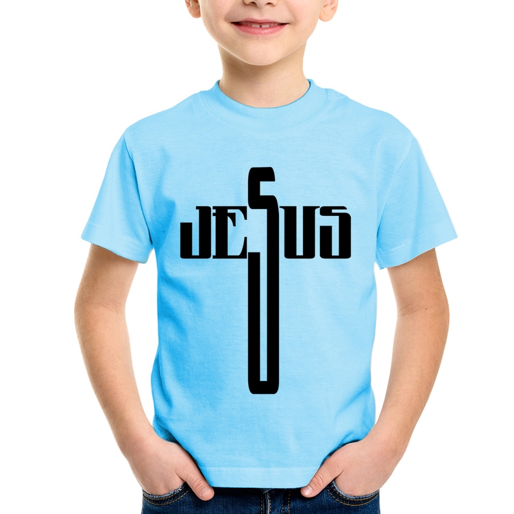 Camiseta Infantil Jesus Cruz - Azul Bebê