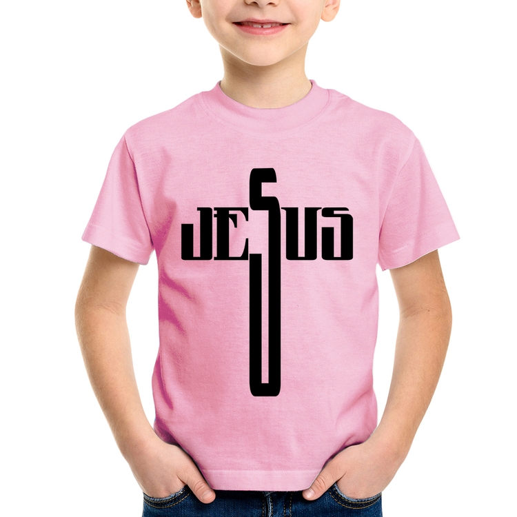 Camiseta Infantil Jesus Cruz - Rosa Bebê