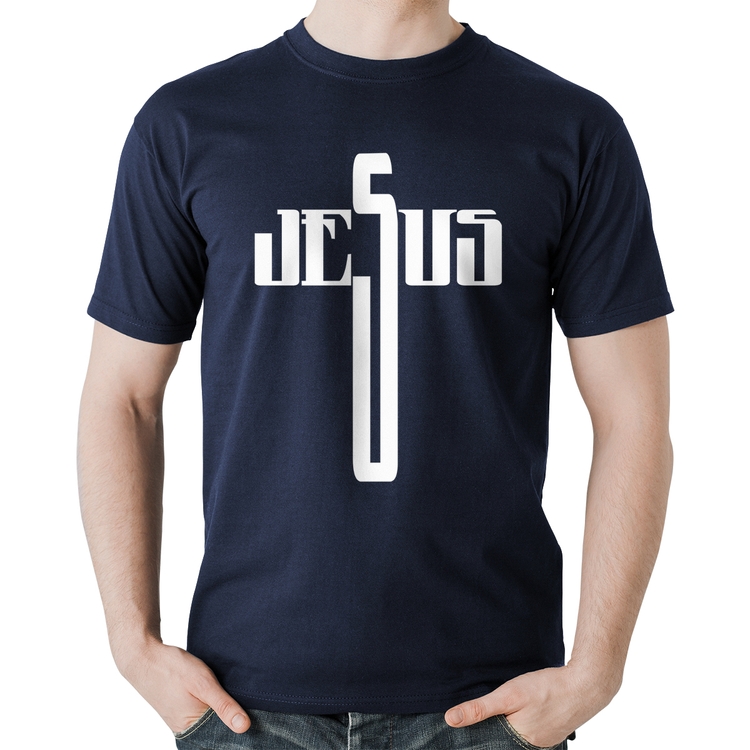 Camiseta Algodão Jesus Cruz - Marinho
