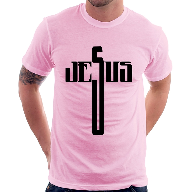 Camiseta Jesus Cruz - Rosa Bebê