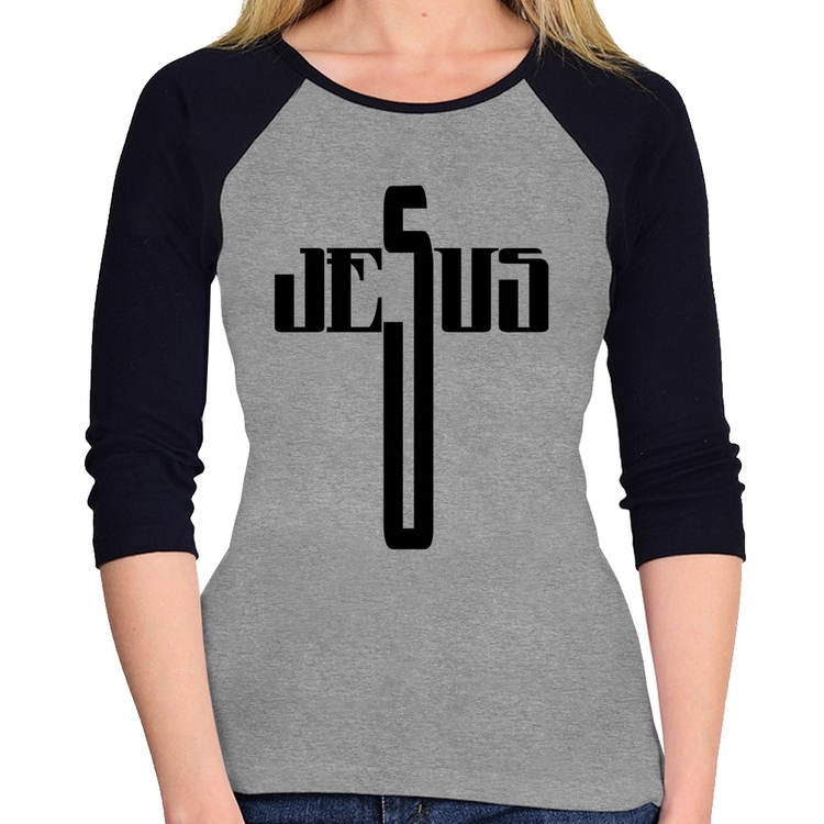 Baby Look Raglan Jesus Cruz Manga 3/4 - Cinza/Preto