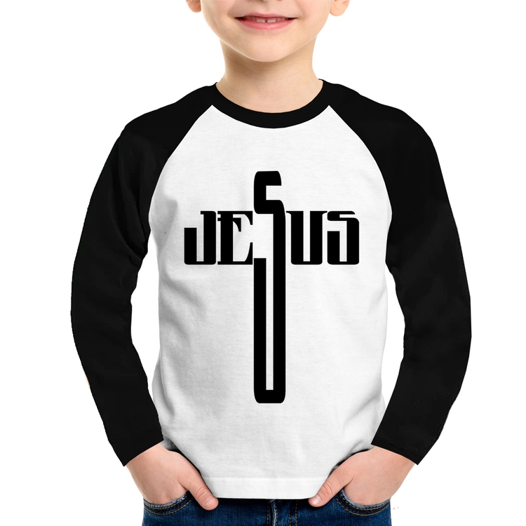 Camiseta Raglan Infantil Jesus Cruz Manga Longa