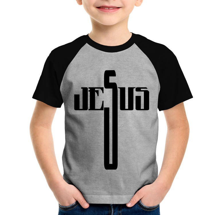 Camiseta Raglan Infantil Jesus Cruz - Cinza/Preto