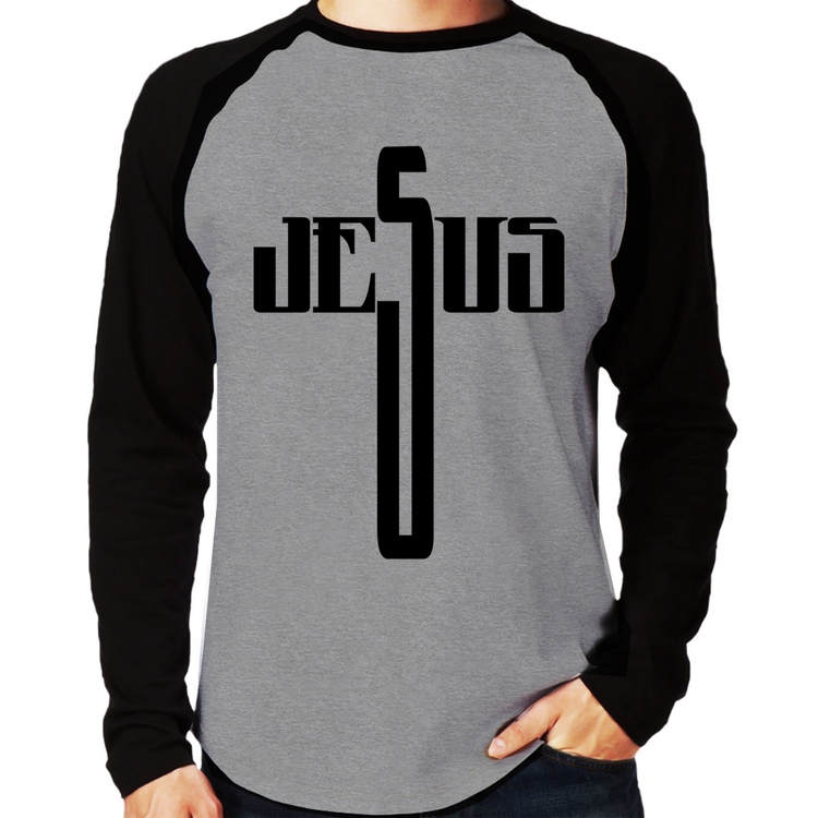 Camiseta Raglan Jesus Cruz Manga Longa - Cinza/Preto