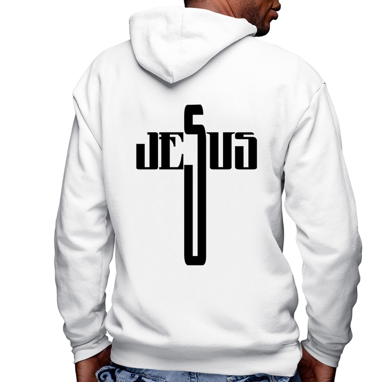 Blusa Moletom Jesus Cruz Masculina com Capuz e Zíper - Branca