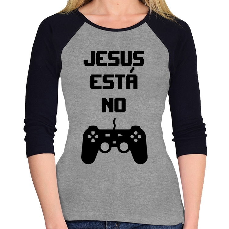 Baby Look Raglan Jesus está no controle Manga 3/4 - Cinza/Preto