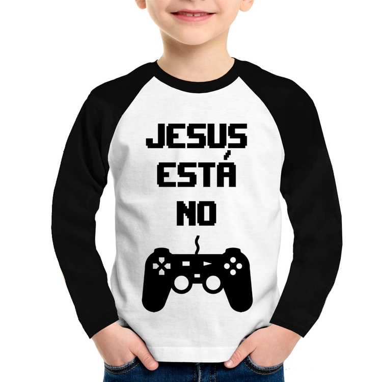 Camiseta Raglan Infantil Jesus está no controle Manga Longa