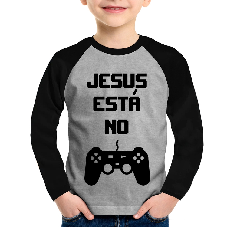 Camiseta Raglan Infantil Jesus está no controle Manga Longa - Cinza/Preto