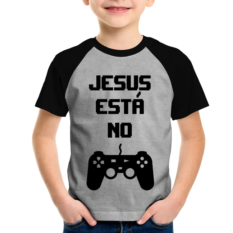 Camiseta Raglan Infantil Jesus está no controle - Cinza/Preto