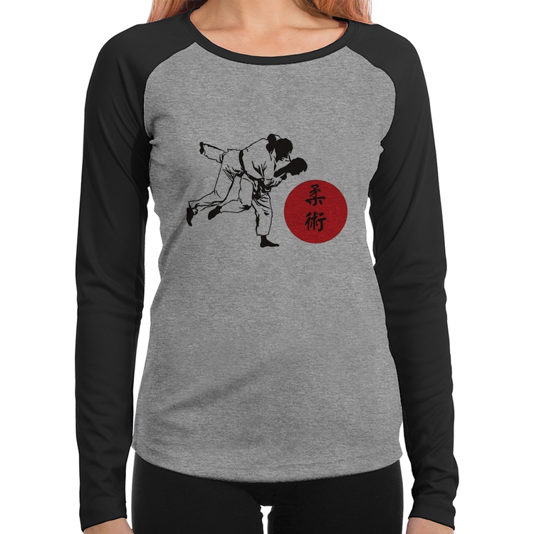 Baby Look Raglan Jiu Jitsu Judô Artes Marciais Manga Longa - Cinza/Preto