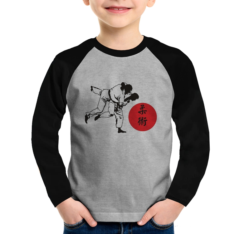 Camiseta Raglan Infantil Jiu Jitsu Judô Artes Marciais Manga Longa - Cinza/Preto