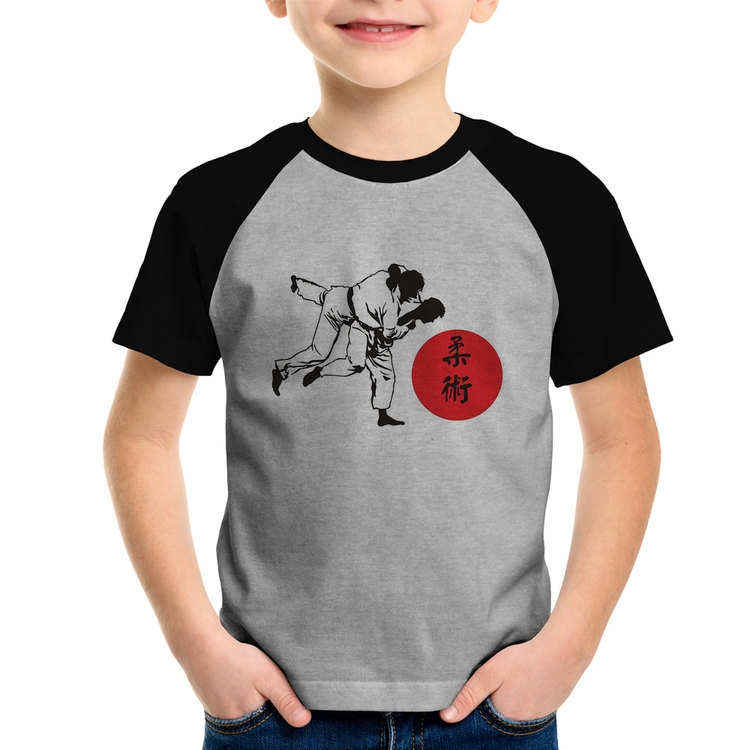 Camiseta Raglan Infantil Jiu Jitsu Judô Artes Marciais - Cinza/Preto