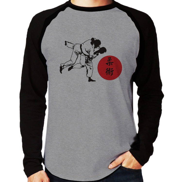 Camiseta Raglan Jiu Jitsu Judô Artes Marciais Manga Longa - Cinza/Preto