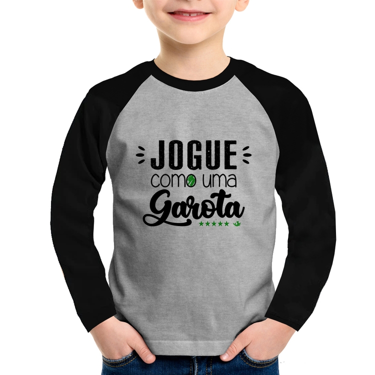Camiseta Raglan Infantil Jogue como uma garota Manga Longa - Cinza/Preto