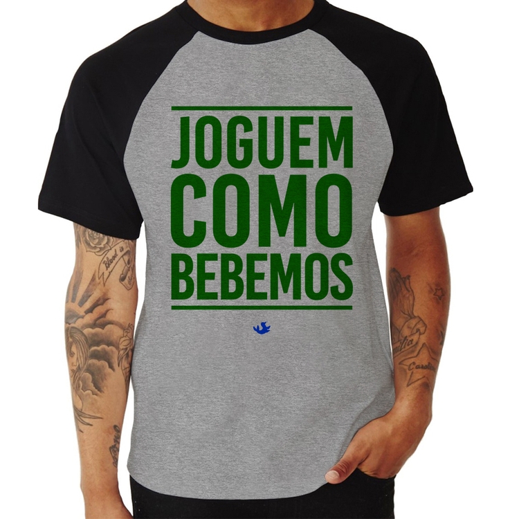 Camiseta Raglan Joguem como bebemos (Copa do Mundo - Seleção Brasileira) - Cinza/Preto