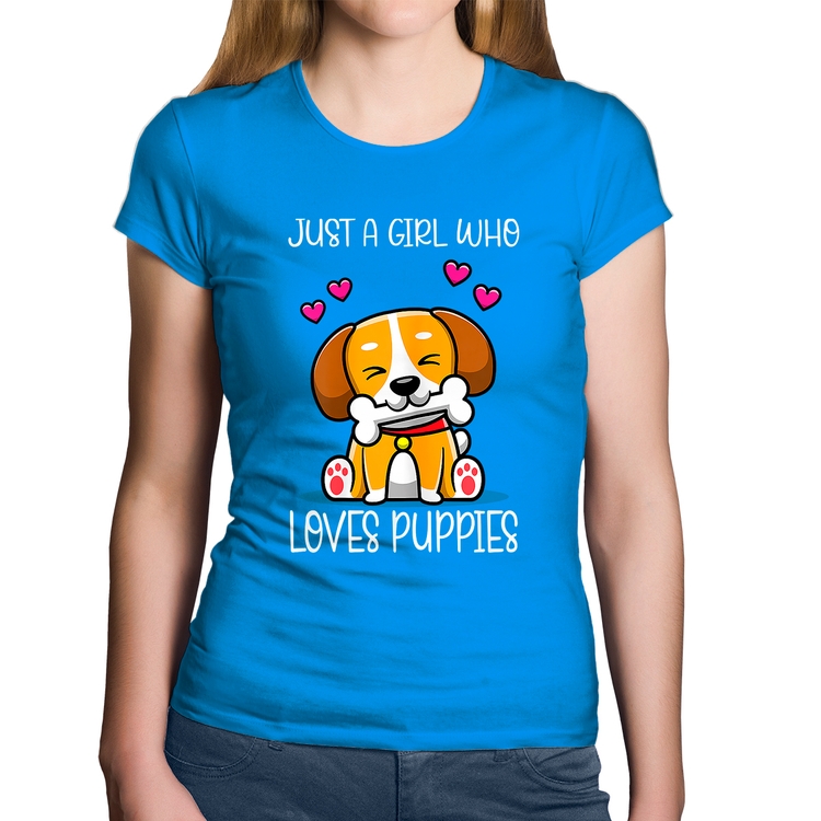 Baby Look Algodão Just A Girl Who Loves Puppies - Azul
