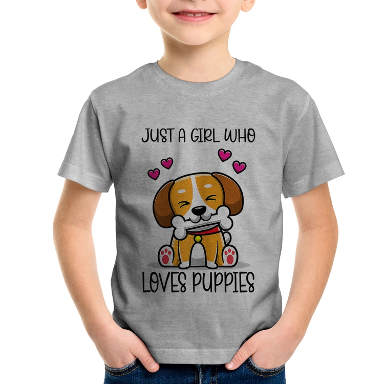Camiseta Infantil Just A Girl Who Loves Puppies - Cinza