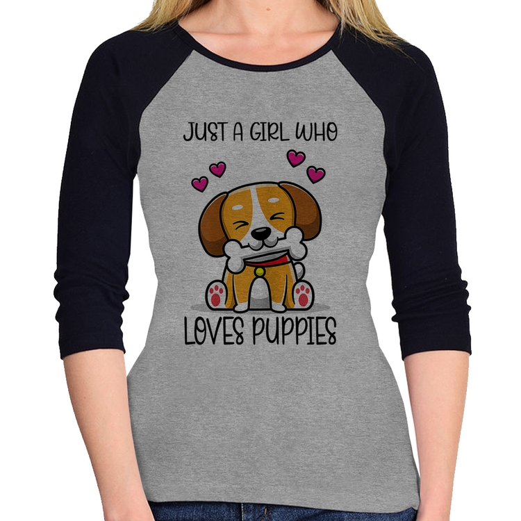Baby Look Raglan Just A Girl Who Loves Puppies Manga 3/4 - Cinza/Preto
