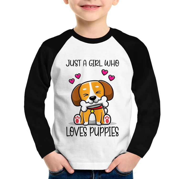 Camiseta Raglan Infantil Just A Girl Who Loves Puppies Manga Longa