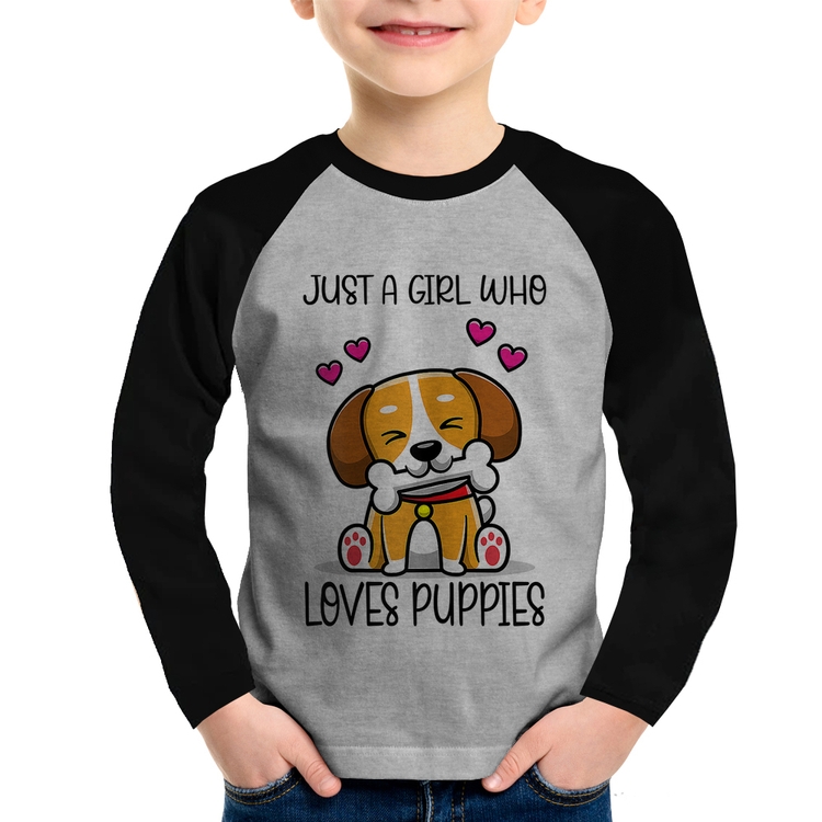 Camiseta Raglan Infantil Just A Girl Who Loves Puppies Manga Longa - Cinza/Preto