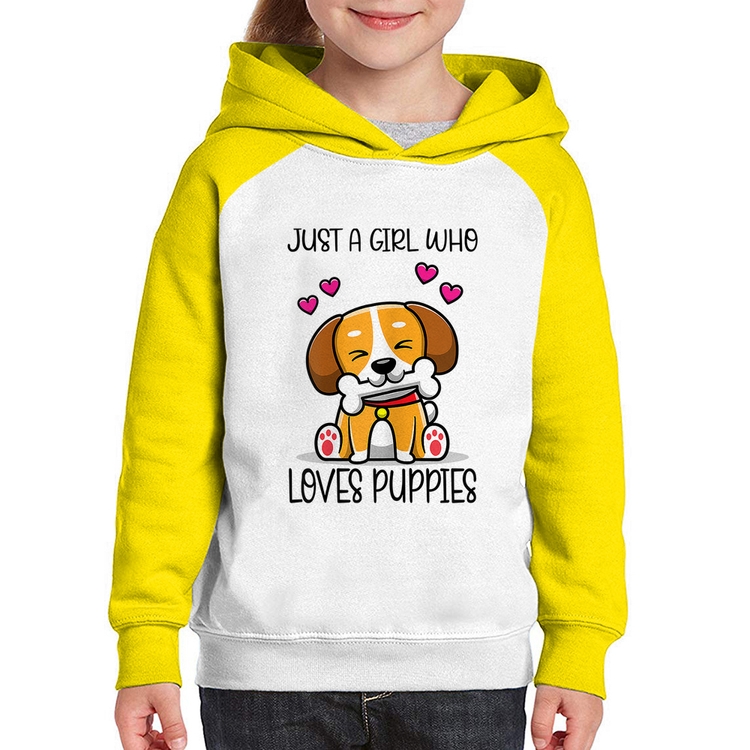 Moletom Infantil Just A Girl Who Loves Puppies - Branco/Amarelo