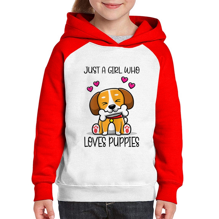 Moletom Infantil Just A Girl Who Loves Puppies - Branco/Vermelho