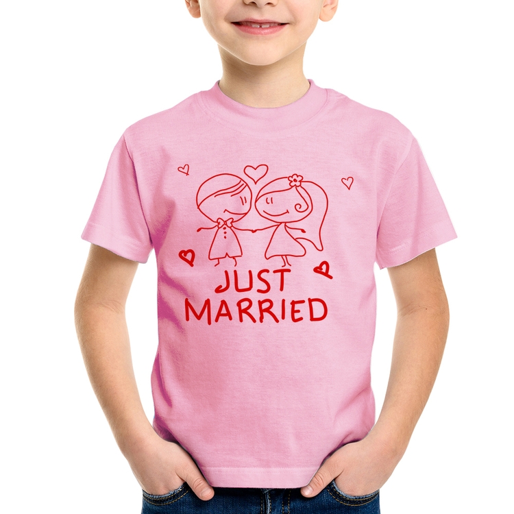 Camiseta Infantil Just Married - Rosa Bebê