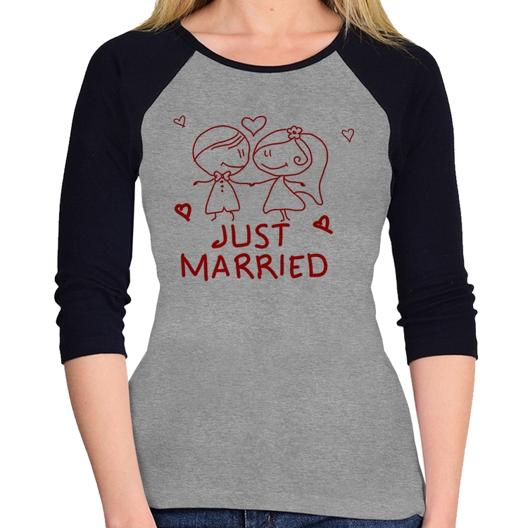 Baby Look Raglan Just Married Manga 3/4 - Cinza/Preto