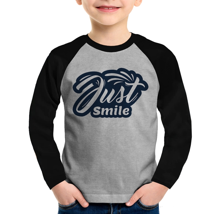 Camiseta Raglan Infantil Just Smile Manga Longa - Cinza/Preto