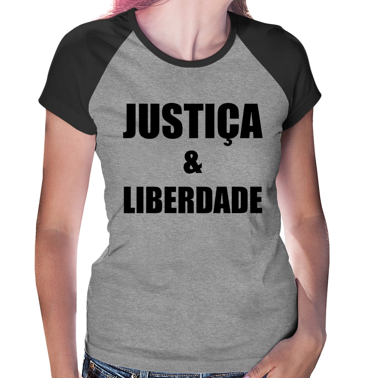 Baby Look Raglan Justiça & Liberdade - Cinza/Preto