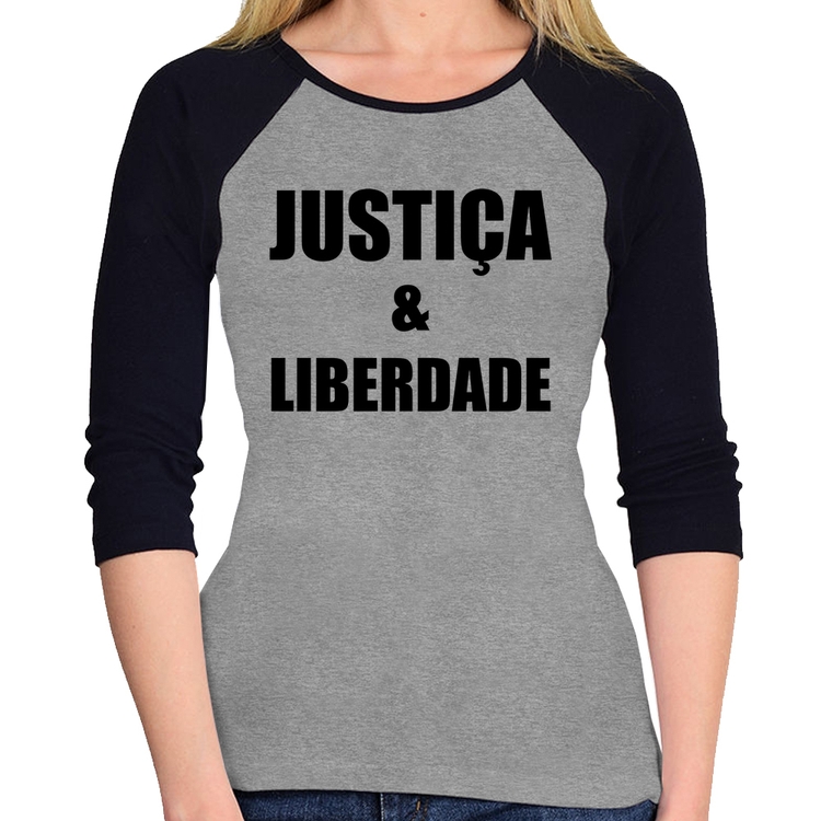 Baby Look Raglan Justiça & Liberdade Manga 3/4 - Cinza/Preto