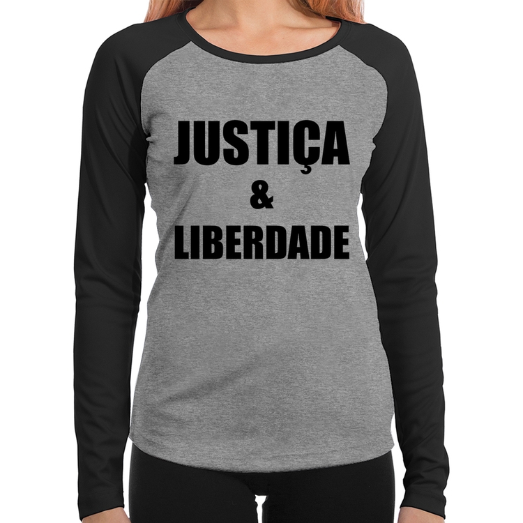 Baby Look Raglan Justiça & Liberdade Manga Longa - Cinza/Preto