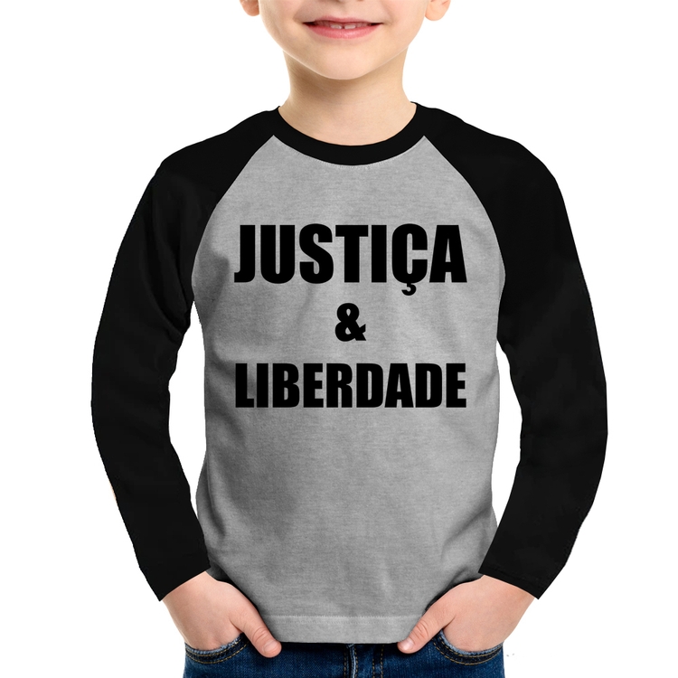Camiseta Raglan Infantil Justiça & Liberdade Manga Longa - Cinza/Preto