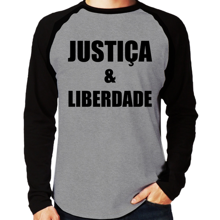 Camiseta Raglan Justiça & Liberdade Manga Longa - Cinza/Preto