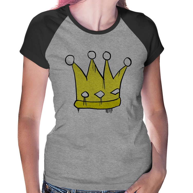 Baby Look Raglan King and Queen Crown - Cinza/Preto