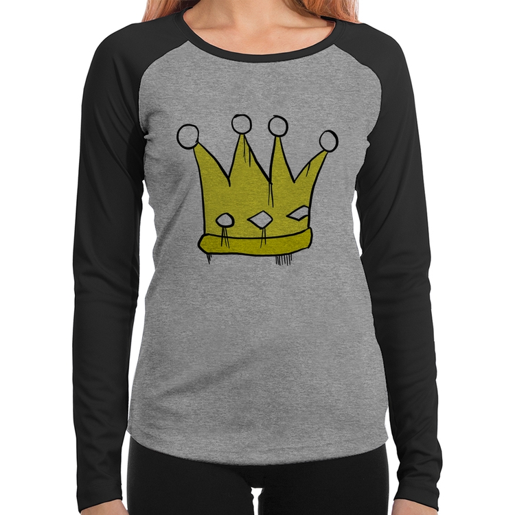 Baby Look Raglan King and Queen Crown Manga Longa - Cinza/Preto