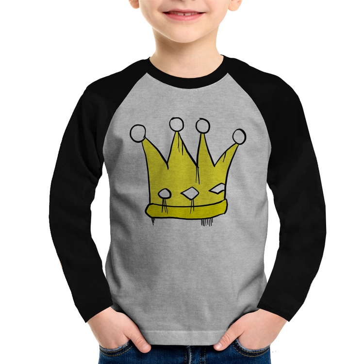 Camiseta Raglan Infantil King and Queen Crown Manga Longa - Cinza/Preto