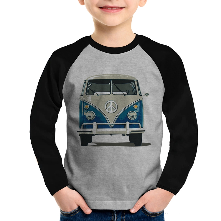 Camiseta Raglan Infantil Kombi Vintage Manga Longa - Cinza/Preto
