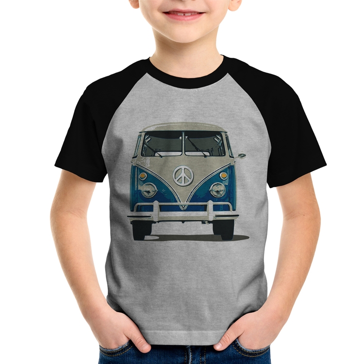 Camiseta Raglan Infantil Kombi Vintage - Cinza/Preto