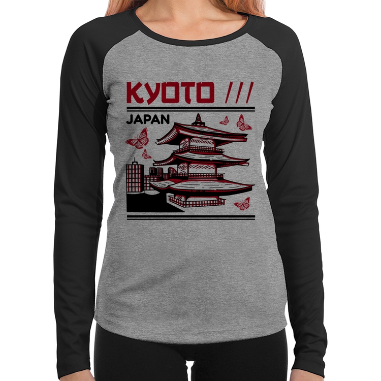 Baby Look Raglan Kyoto Japan Manga Longa - Cinza/Preto