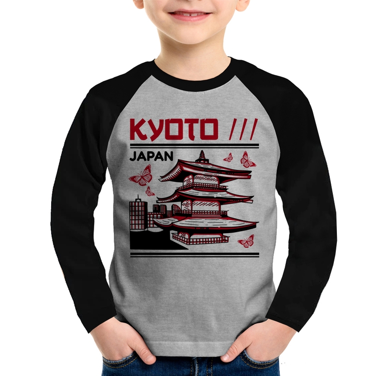 Camiseta Raglan Infantil Kyoto Japan Manga Longa - Cinza/Preto