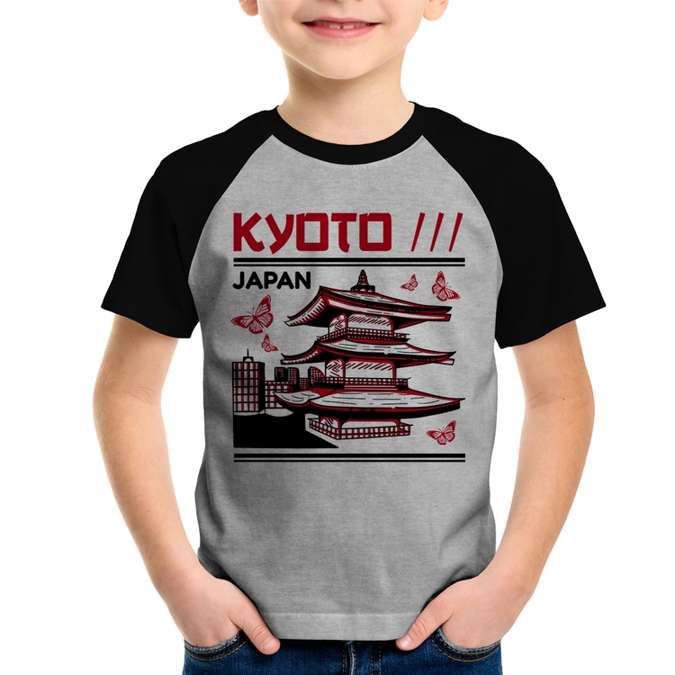 Camiseta Raglan Infantil Kyoto Japan - Cinza/Preto