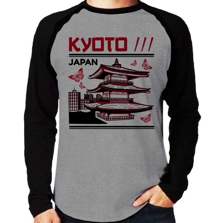 Camiseta Raglan Kyoto Japan Manga Longa - Cinza/Preto