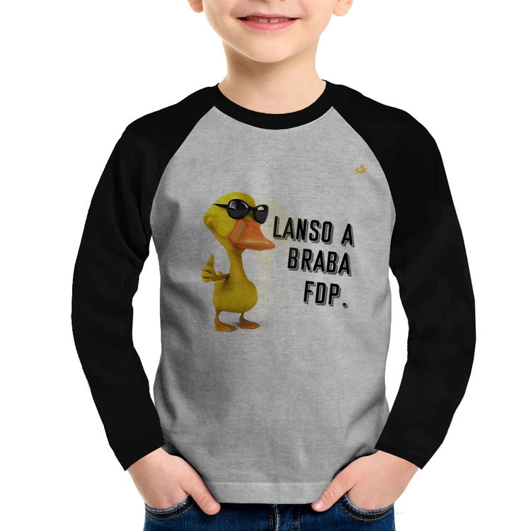 Camiseta Raglan Infantil Lanso a braba fdp Manga Longa - Cinza/Preto
