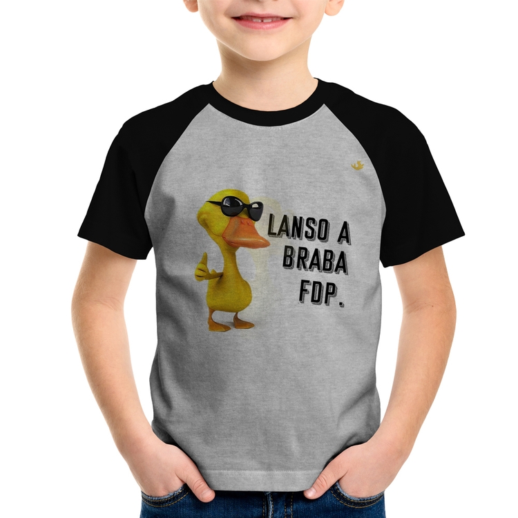 Camiseta Raglan Infantil Lanso a braba fdp - Cinza/Preto